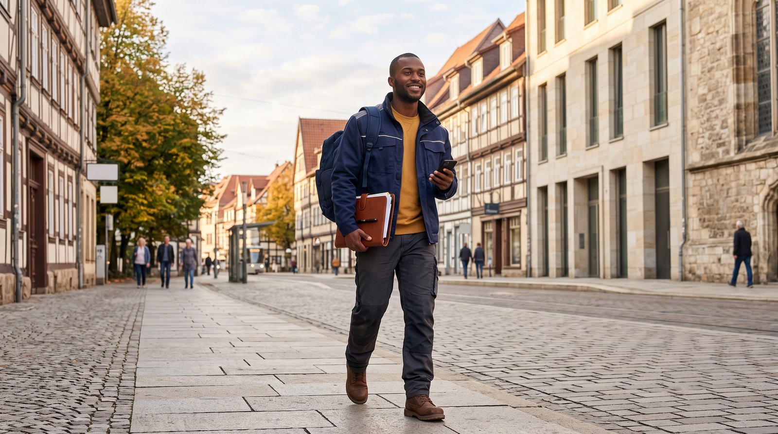 Skilled worker with documents walking down a German street, illustrating the Germany Opportunity Card job search