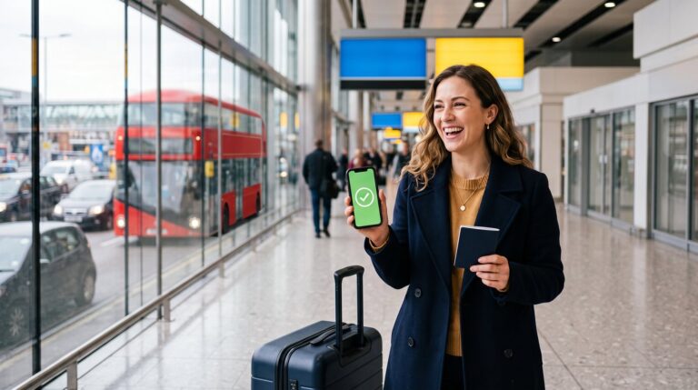 Smiling traveller at a UK airport holding a phone showing an approved UK ETA and a passport