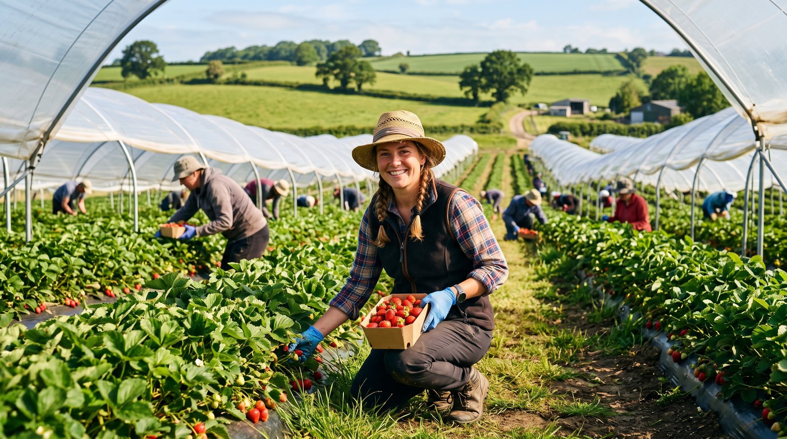 Seasonal farm worker holding fresh strawberries in a UK polytunnel farm