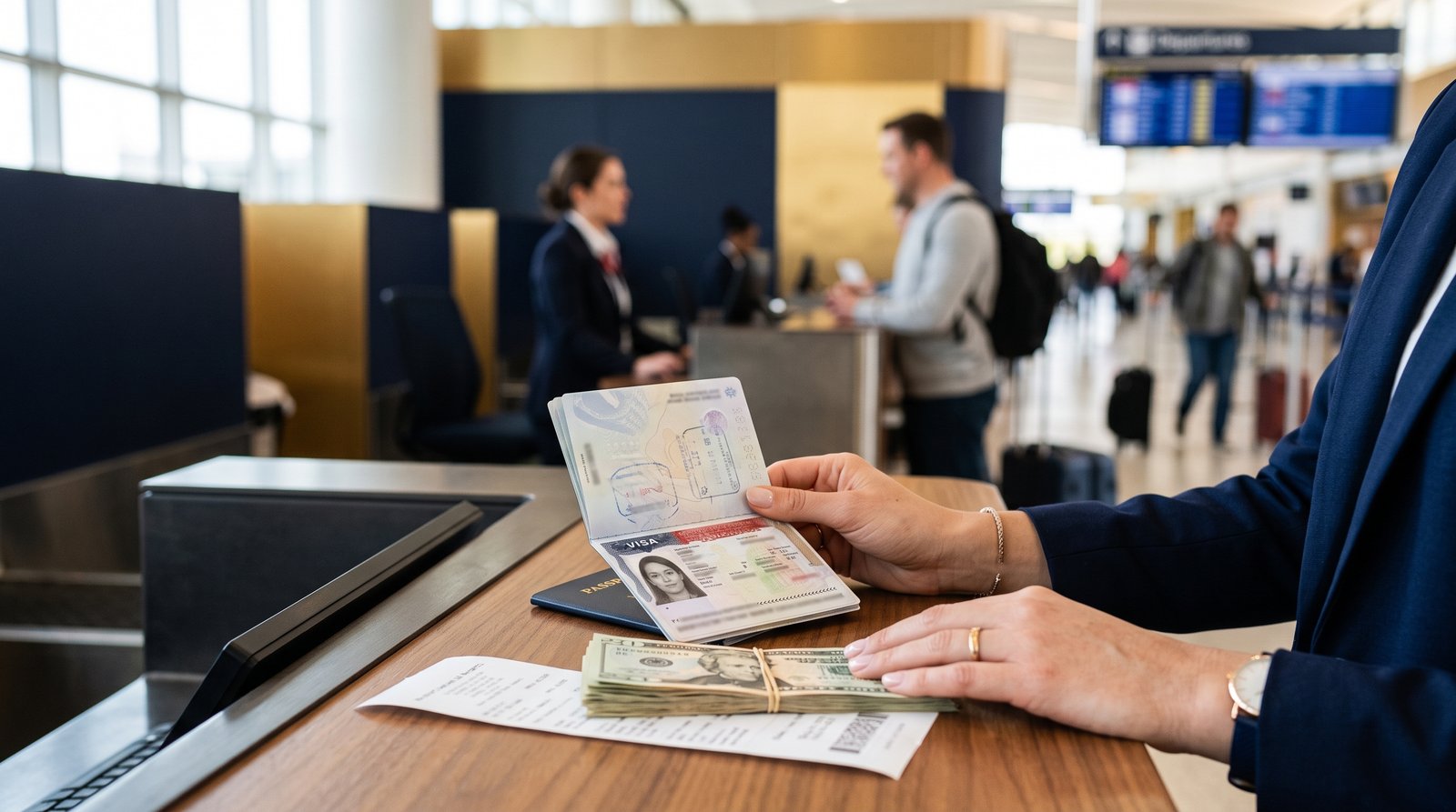 Traveller at an airport check-in desk with a passport, US visa page and a stack of dollar bills, illustrating the US visa bond
